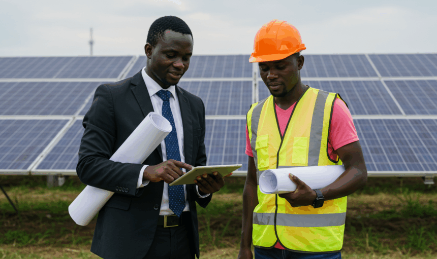 solar panel installation team, engineer with technician